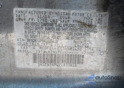 2019 Nissan Versa 1.6 S+ z USA, uszkodzony, nr VIN 3N1CN7AP6KL833815